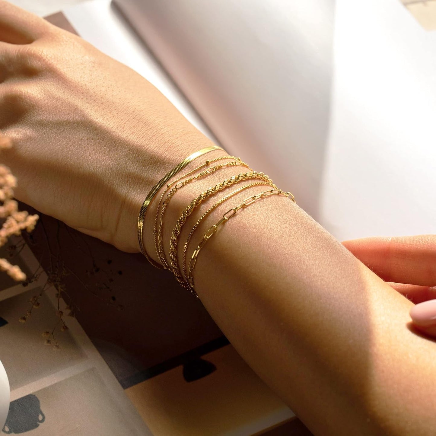Gold Bracelets for Women Waterproof, 14K Real Gold Jewelry Sets Trendy Thin Dainty Stackable Cuban Link
