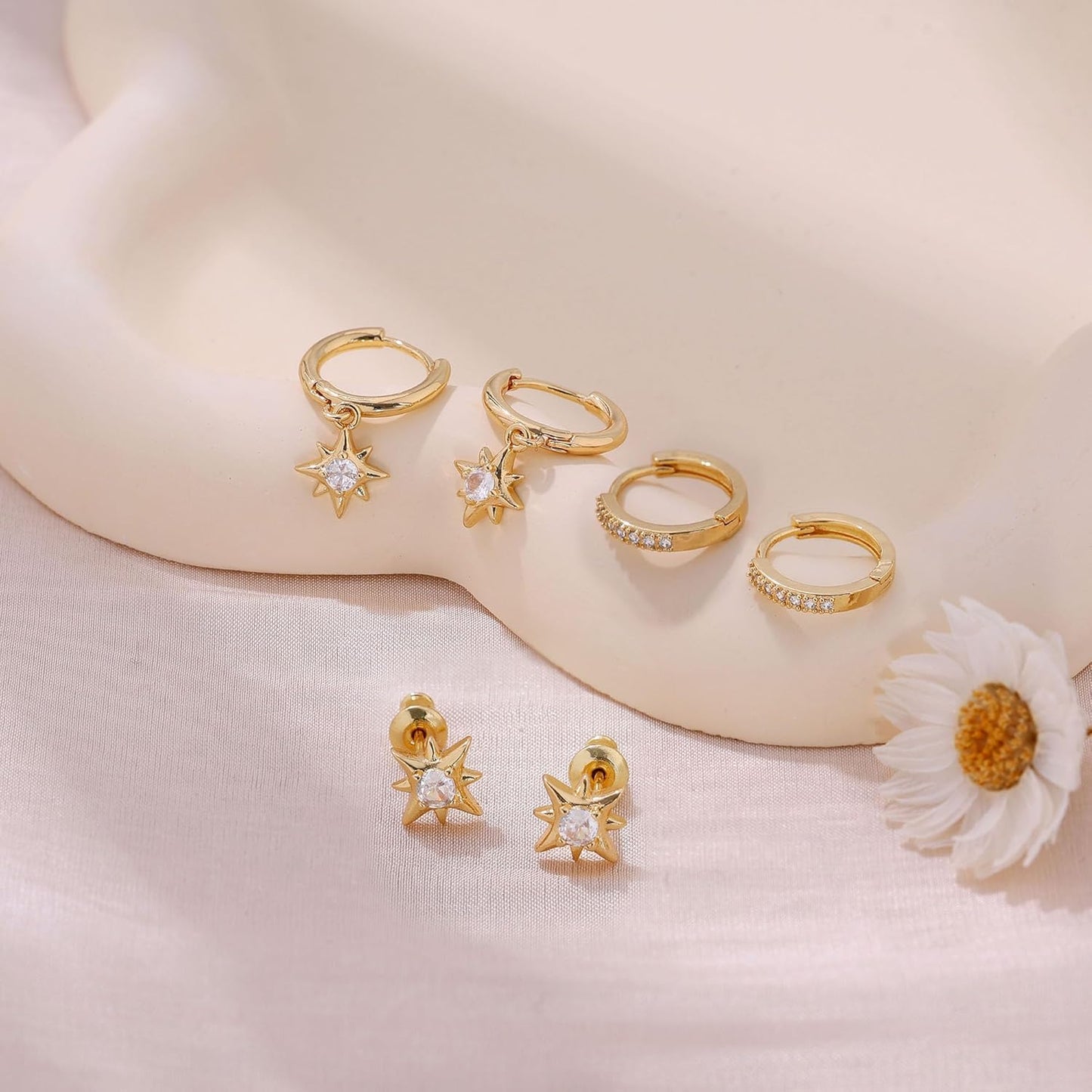 Gold Earrings for Women, 14k Gold Plated Dangle Huggie Earrings for Women Trendy Dainty Gold Hoop Earring Stacks