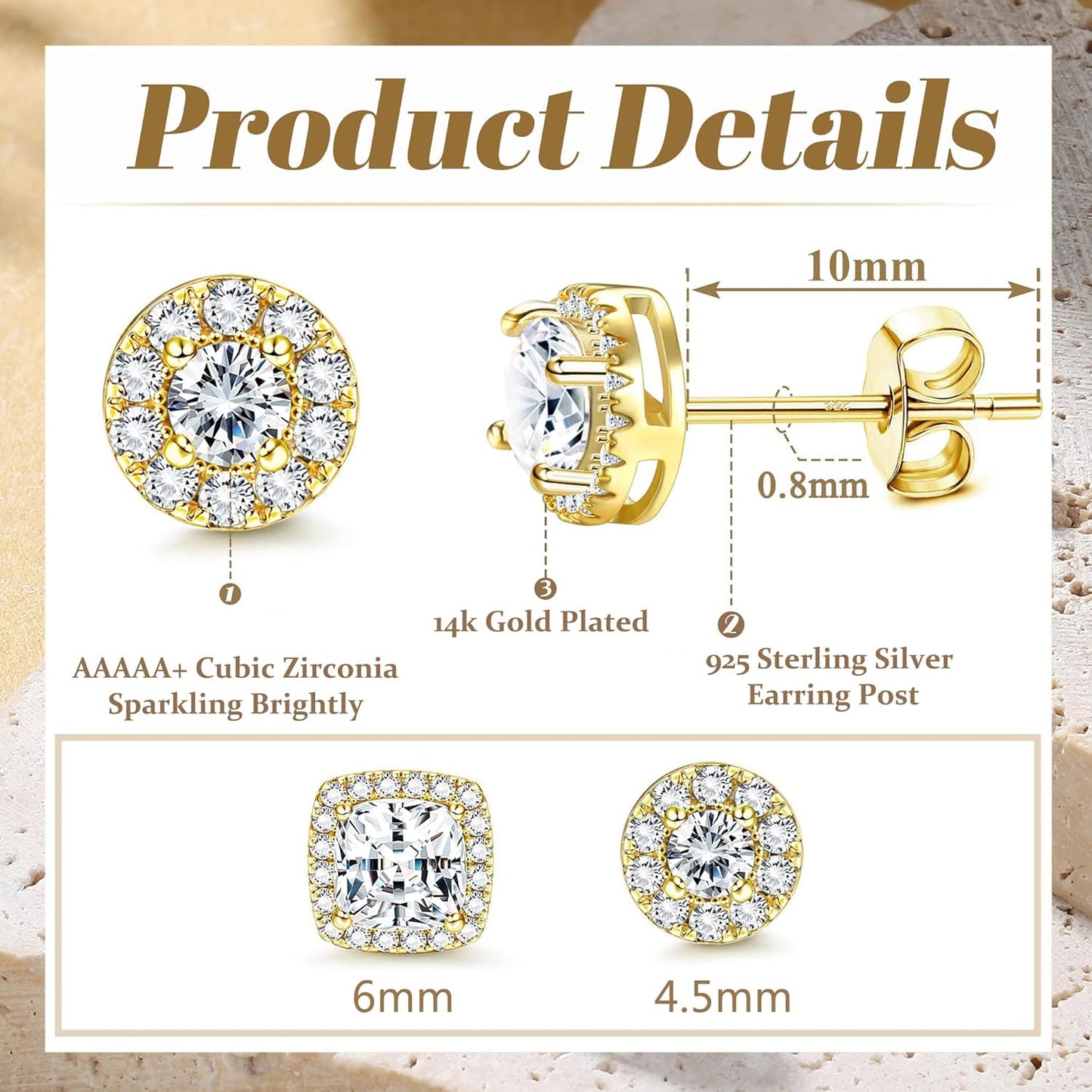 Hayoso 18K Gold Plated Halo Stud Earrings 925 Sterling Silver Cubic Zirconia Stud Earrings Round Square Diamonique Stud