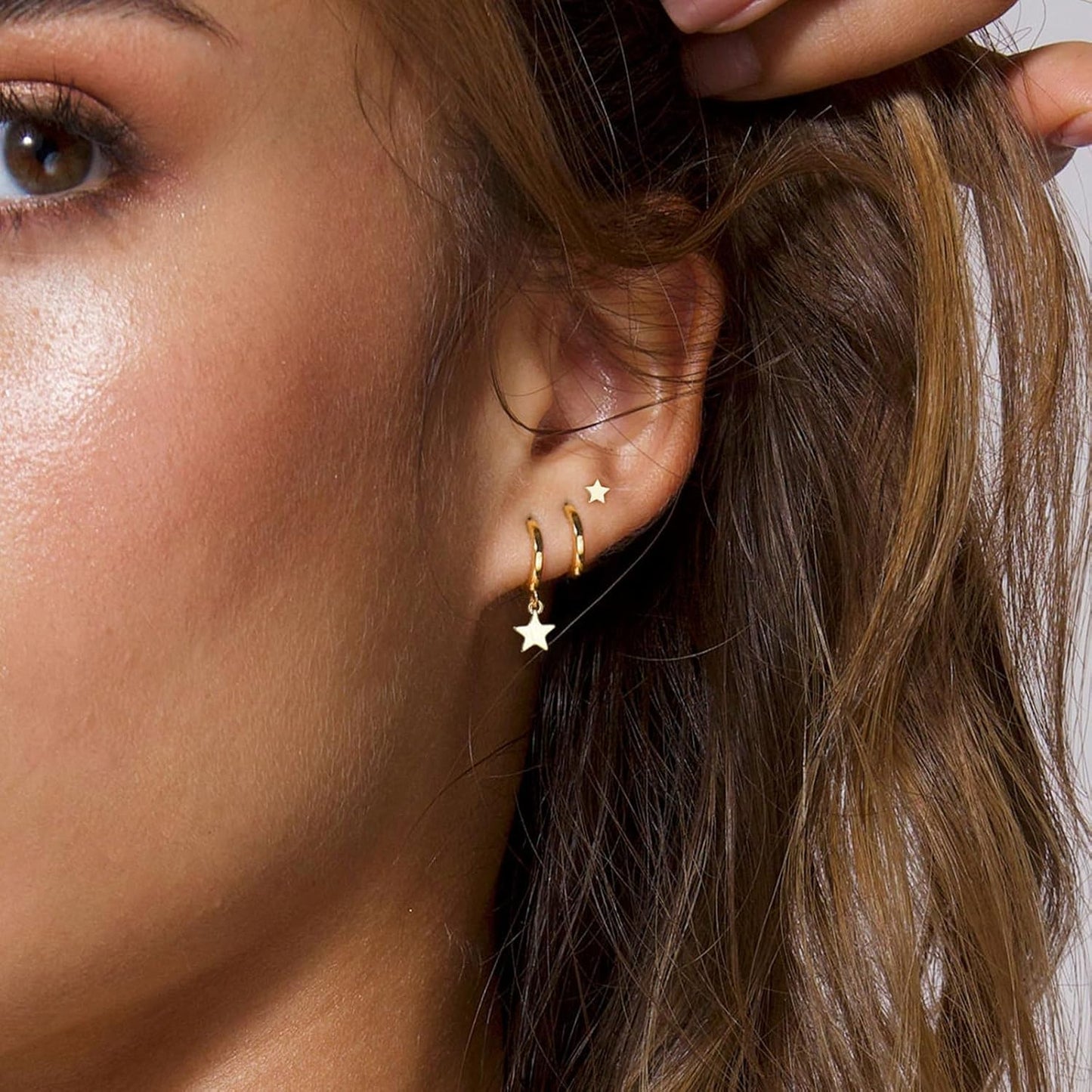 3 Pairs Small Gold Hoop Earring, 14K Gold Plated Earring Stacks Butterfly Heart Star Moon Bow Four Leaf Rhombus Round CZ Pearl