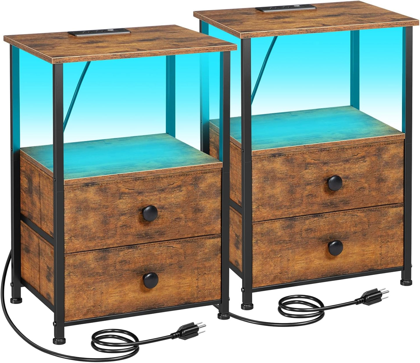 Set 2 Nightstand with Charging Station, End Tables with Storage Shelf , Bedside with 2 Fabric Drawers