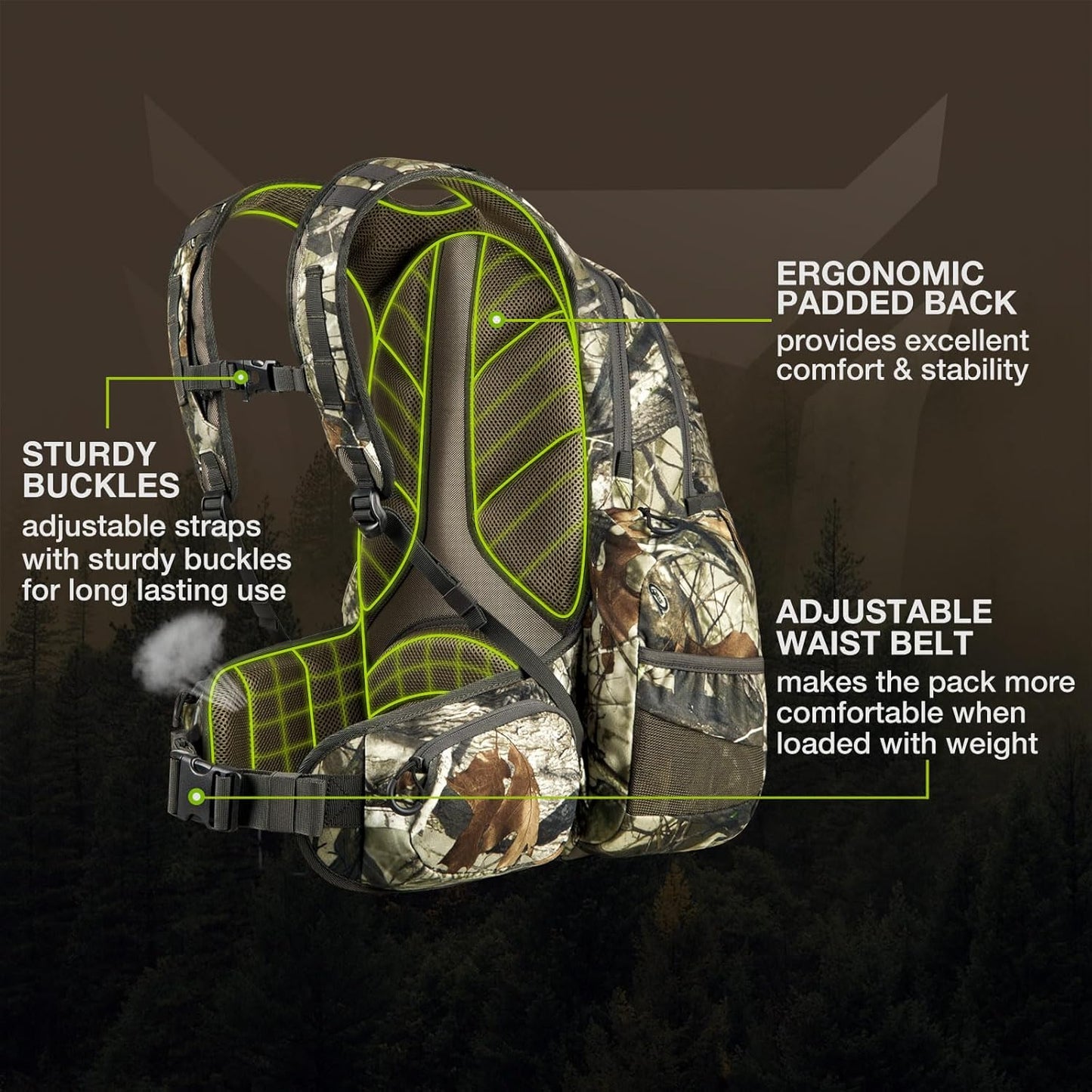 Hunting Backpack, Waterproof Camo Hunting Pack with Rain Cover, Long-Lasting Large Capacity
