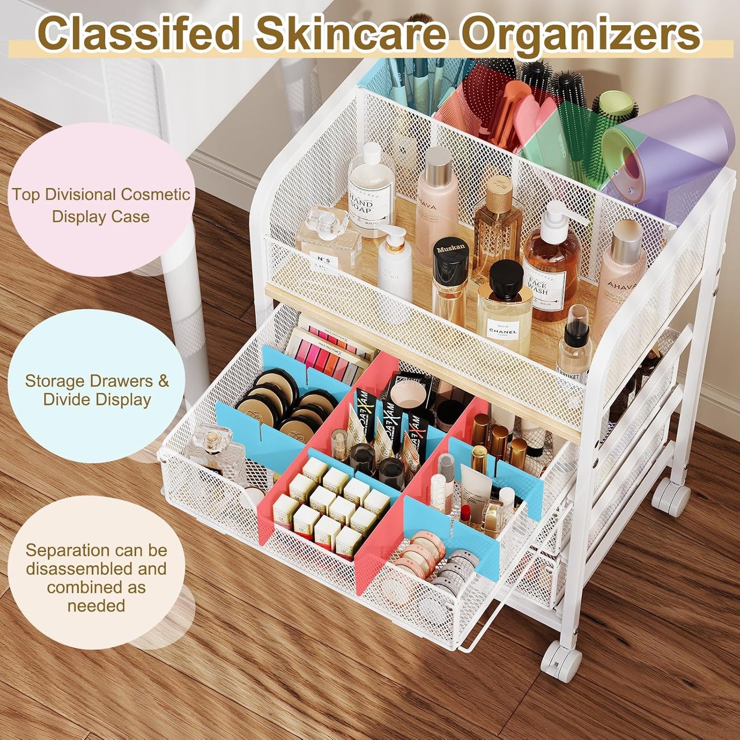 3 Drawers Makeup Cart Organizer with Divider, Under Desk Floor Skincare Organizers