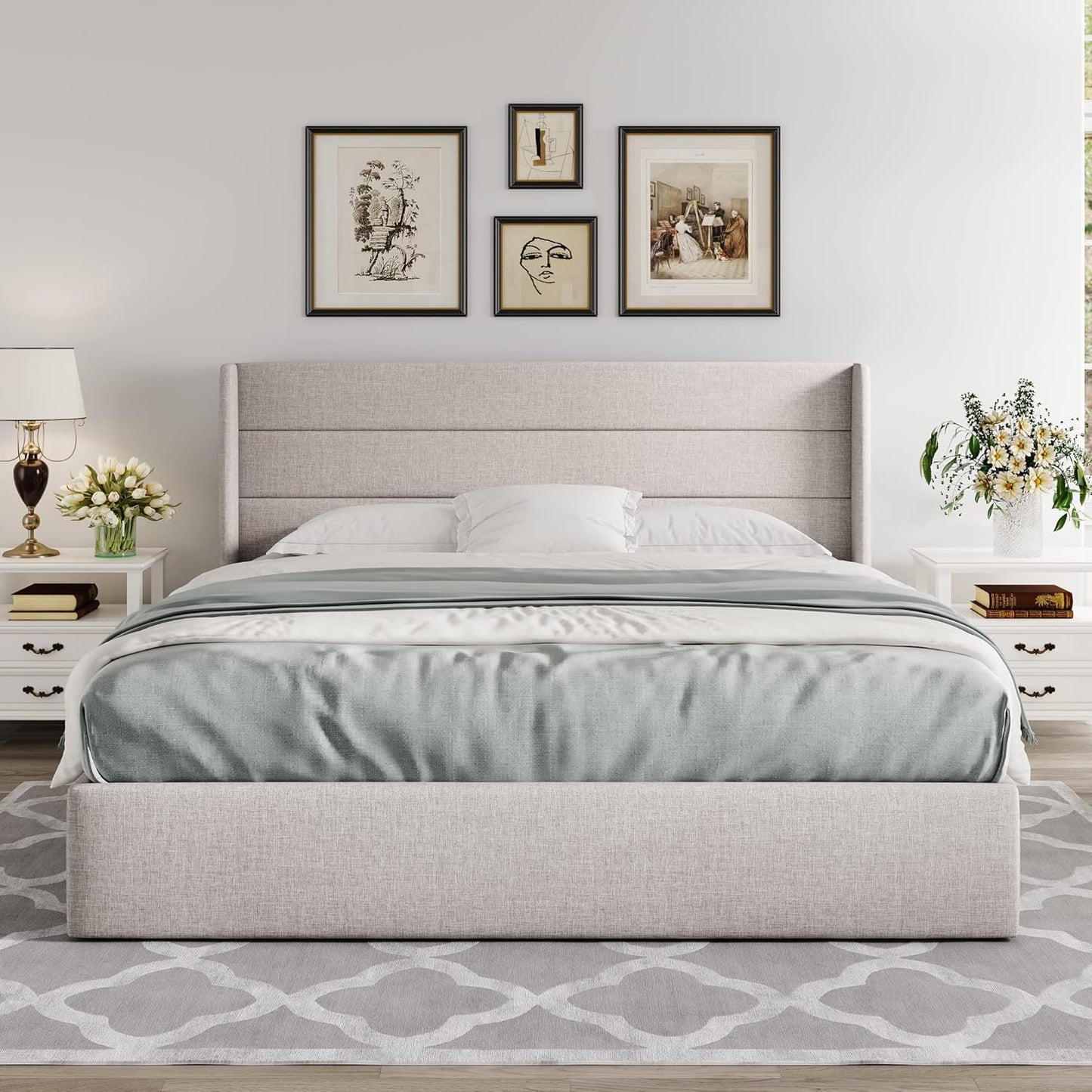 King Size Lift Up Storage Bed, Modern Wingback Headboard, Hydraulic Support, No Box Spring Needed