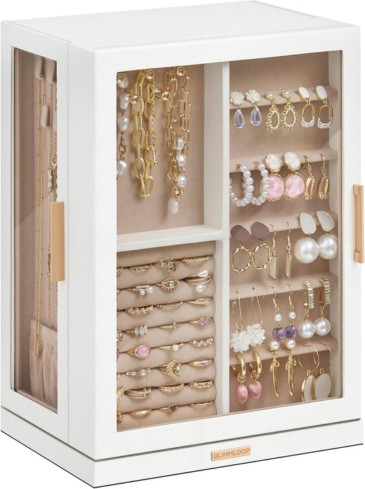 360° Rotating Jewelry Box with 7 Drawers, Spacious Vertical Jewelry Organizer with Glass Window