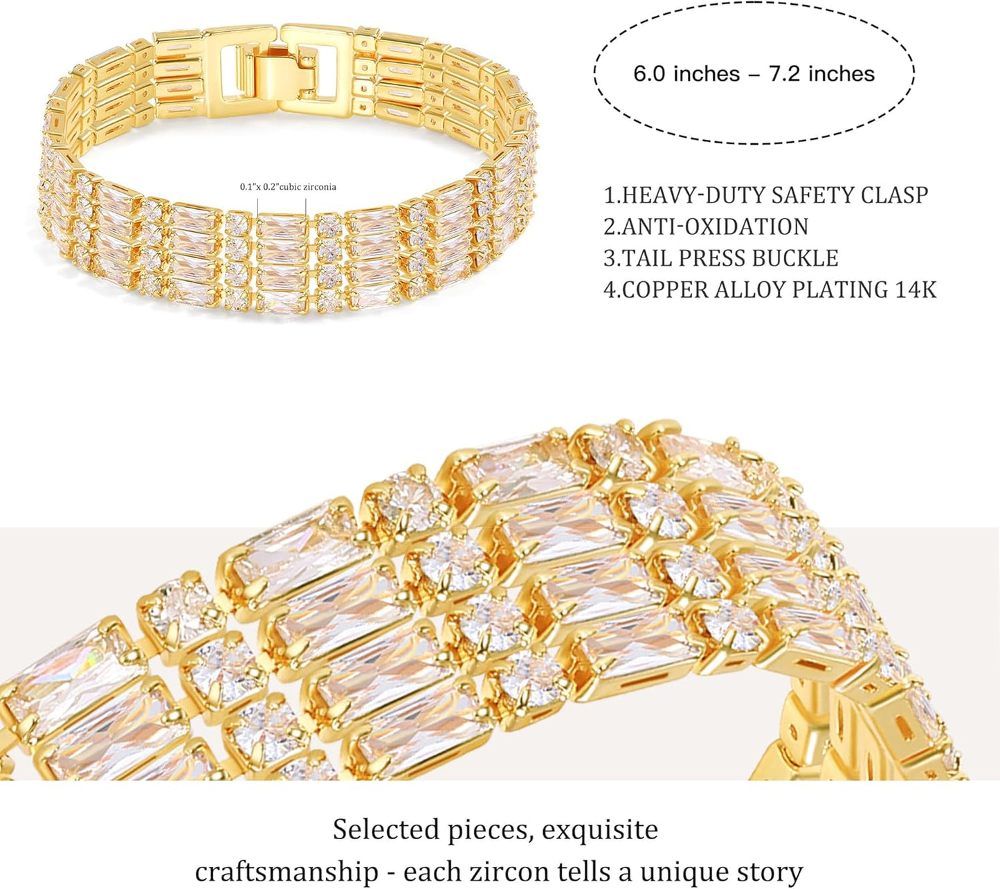 14K Gold Plated Tennis Bracelet for Women – Classic CZ Link Design, Fits 6.0"–7.2" Wrists – Stylish Sparkling Jewelry Gift