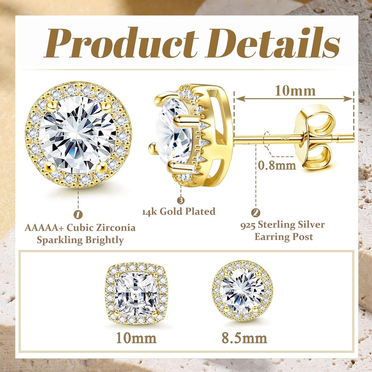 Hayoso 18K Gold Plated Halo Stud Earrings 925 Sterling Silver Cubic Zirconia Stud Earrings Round Square Diamonique Stud