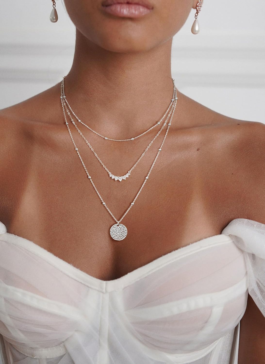 "Layered Sterling Silver Necklace Set for Women, 14K Gold Plated Stackable Choker with Disc Pendant, Dainty Trendy Jewelry"