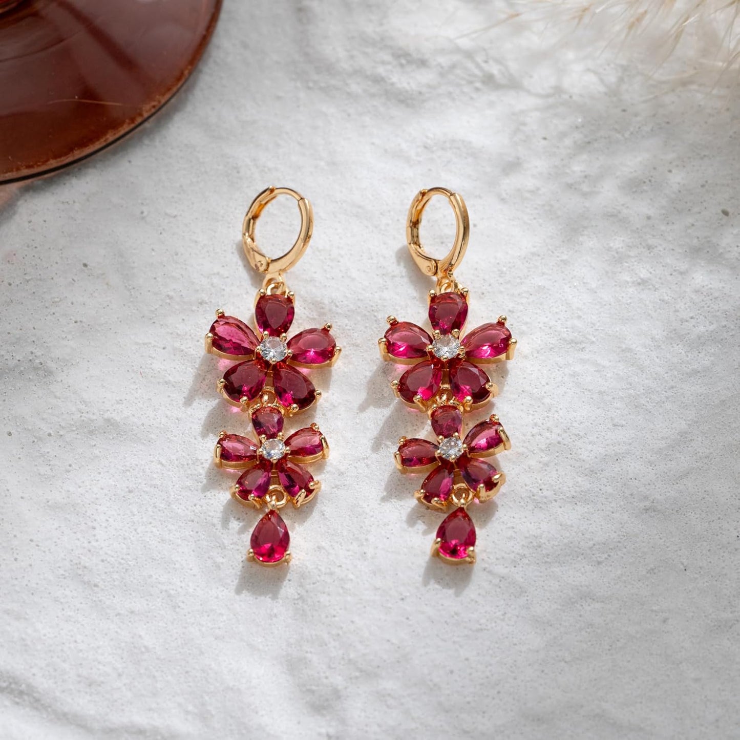 Vuskdtei18K Gold Plated Flower Dangle Earrings for Women, Hypoallergenic Cubic Zirconia Earrings, Elegant Chandelier Drop Earrings