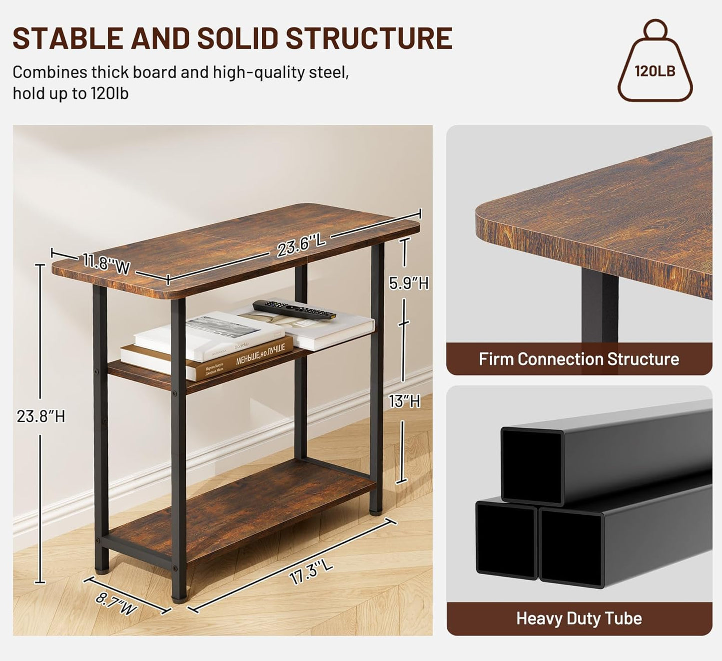 Side Table for Living Room, 3-Tier End Table for Small Space with Wide Storage Tabletop