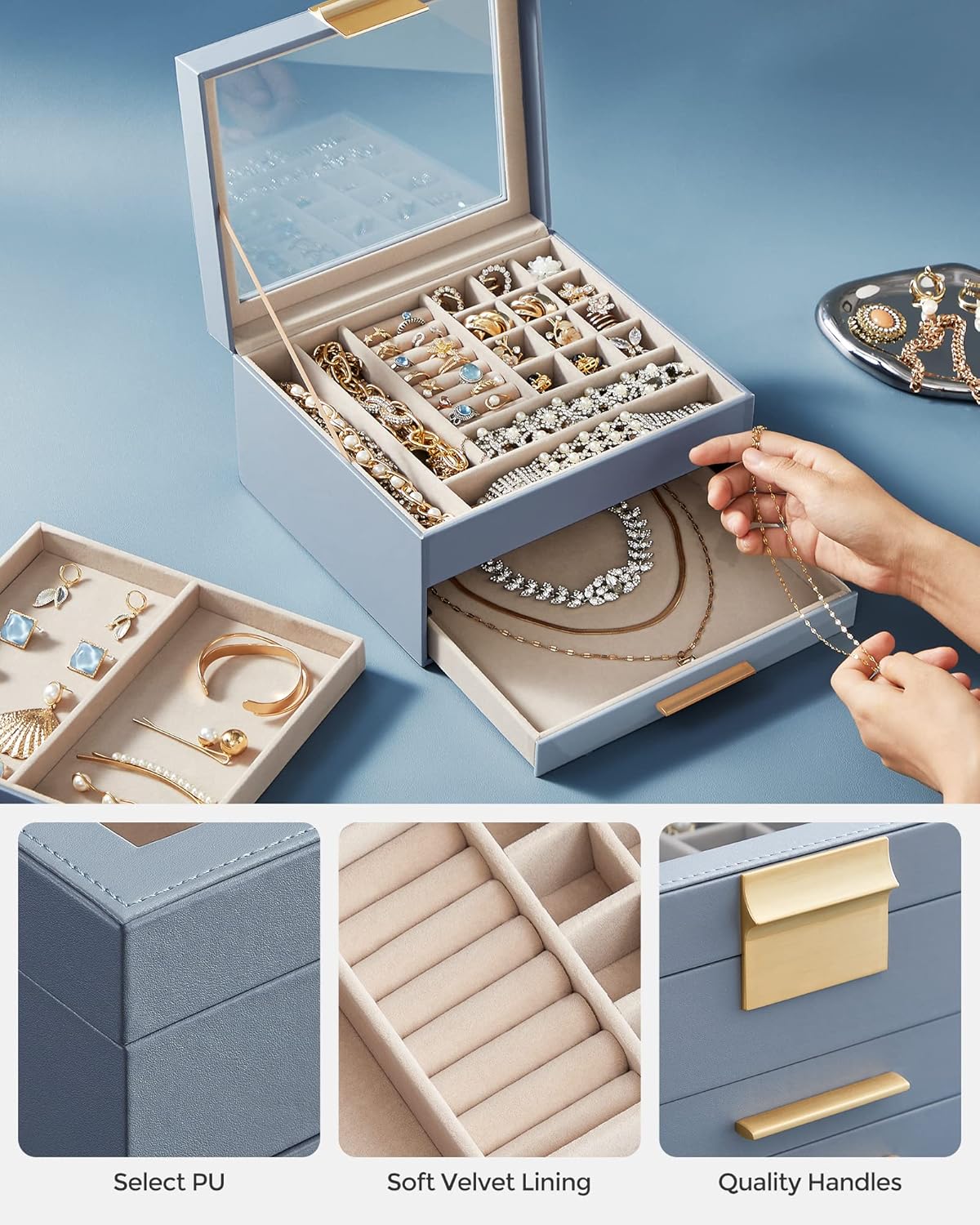 Jewelry Box Organizer with Glass Lid, 3-Layer Jewelry Storage, with 2 Drawers, Modern Style, Smoky Blue and Gold Color