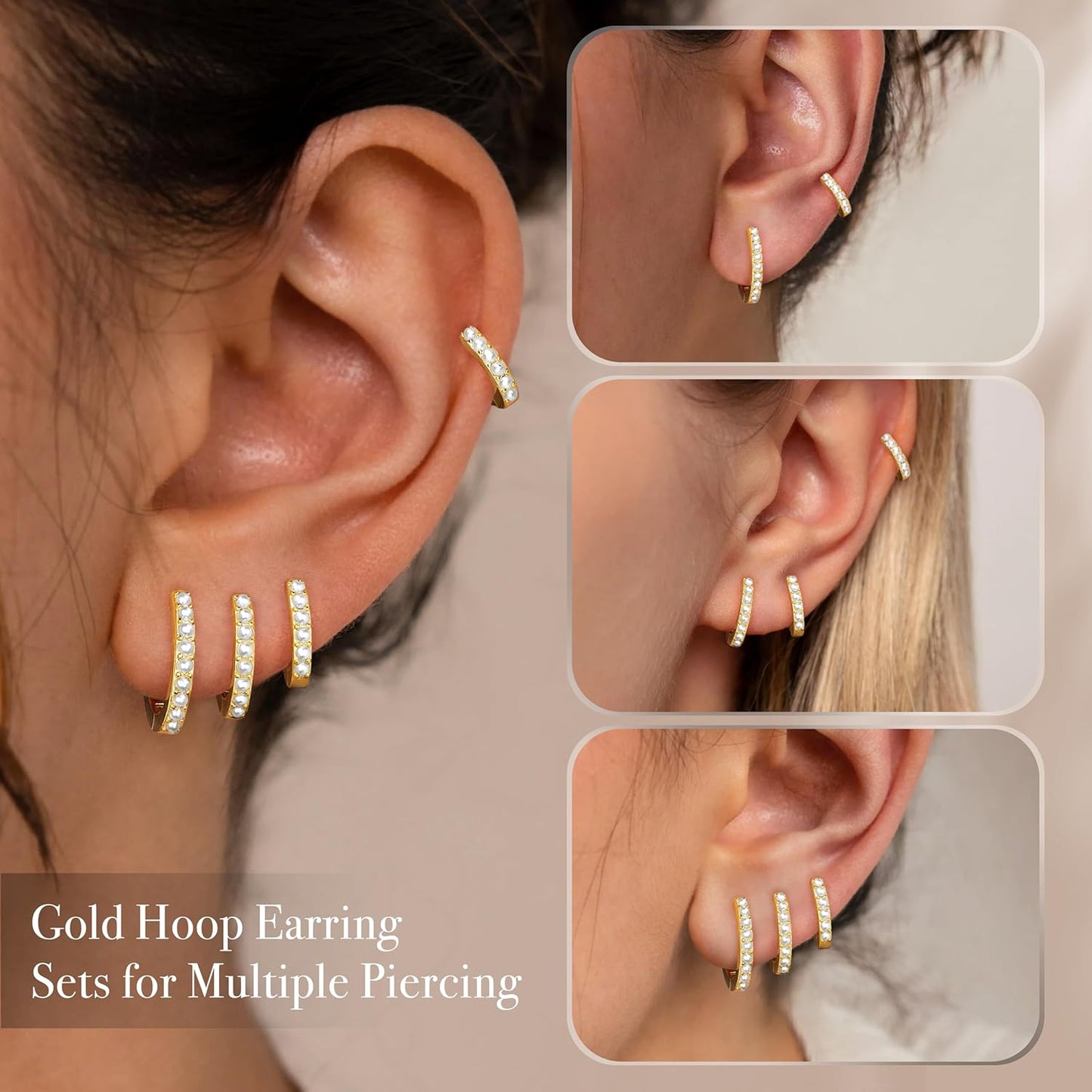 Small Gold Huggie Hoop Earrings Set for Women Men Hypoallergenic 14K Plated Stack Cartilage Earrings, Multiple Piercing