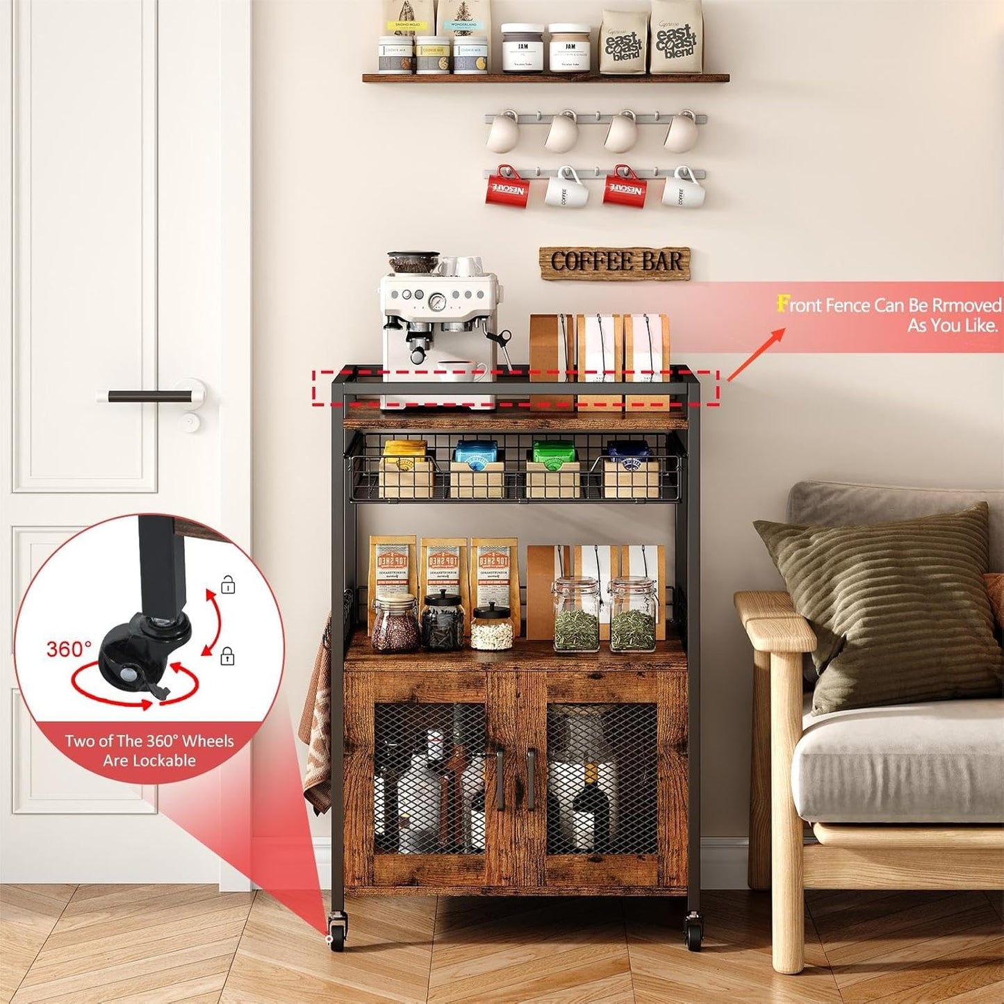 3 Tier Coffee Station Table on Wheels, 35.9" H Bar Cart with Wire Basket Drawer & 5 Hooks for Home Kitchen