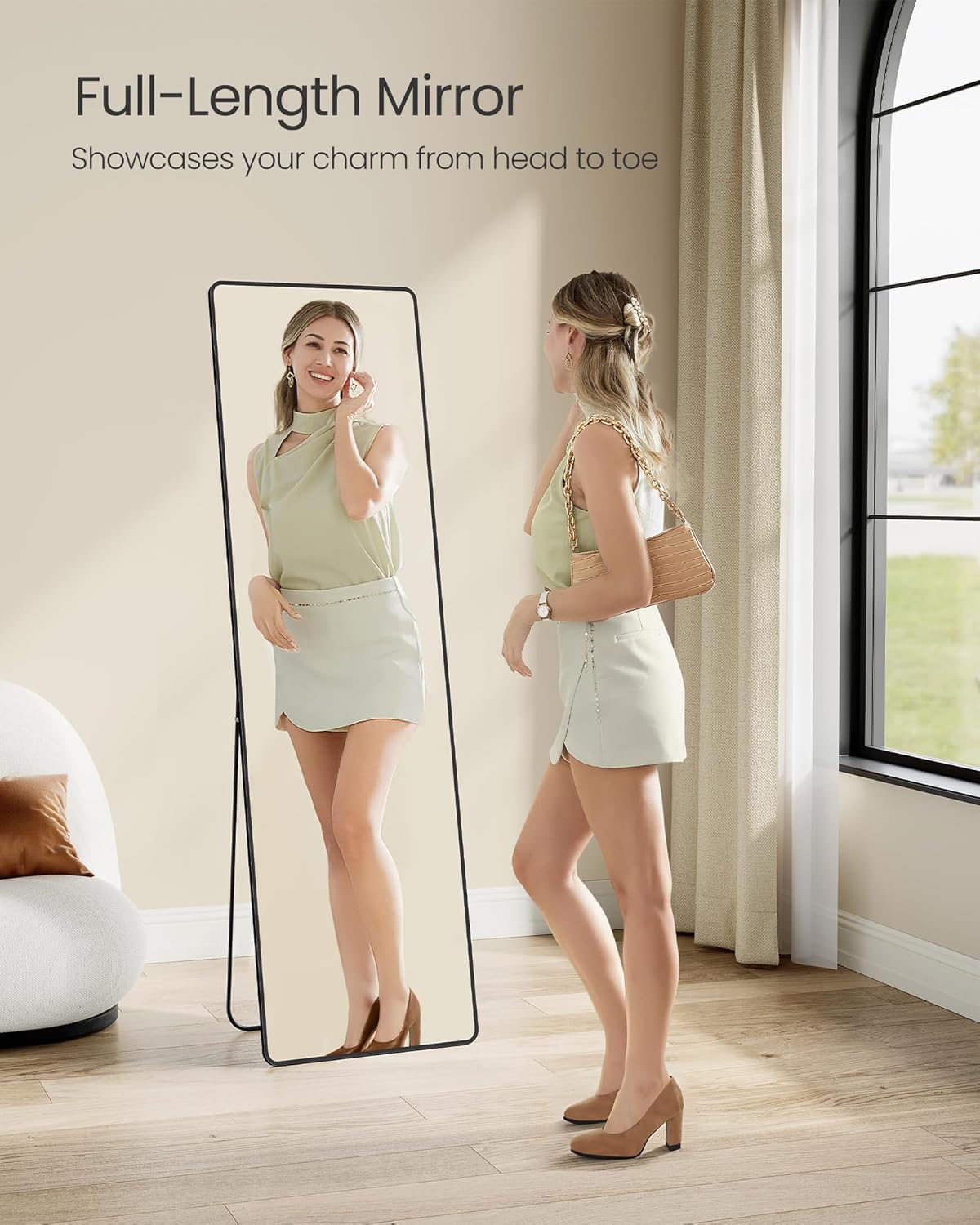 63 x 20 Inches, Rectangle Full Body Mirror with Stand, Aluminum Alloy Frame Floor Mirror, Tempered Glass