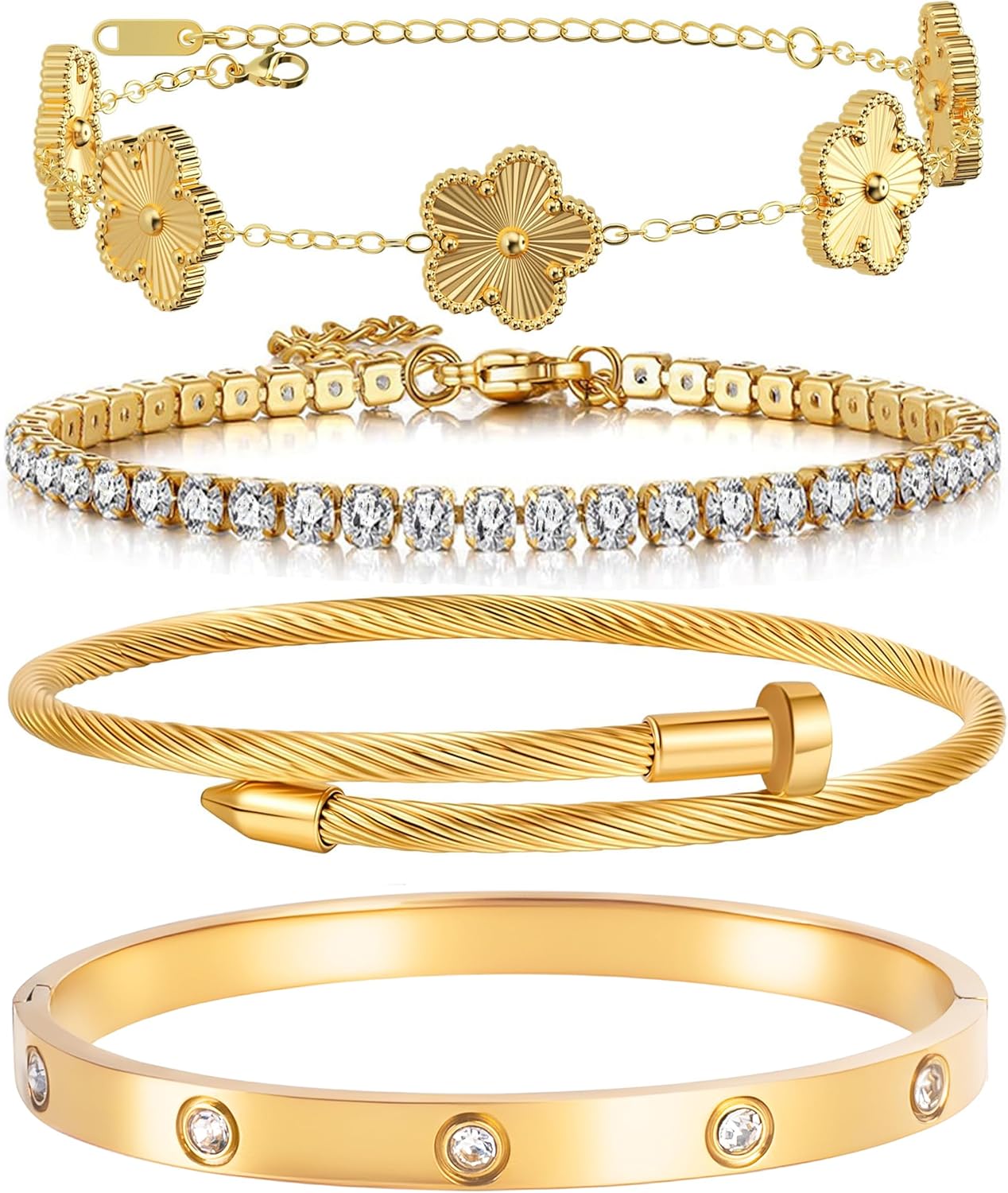 Lamdo 18K Gold Plated Womens Stackable Floral Gold Clover Bracelets Set Love Bangle Bracelets Non Tarnish