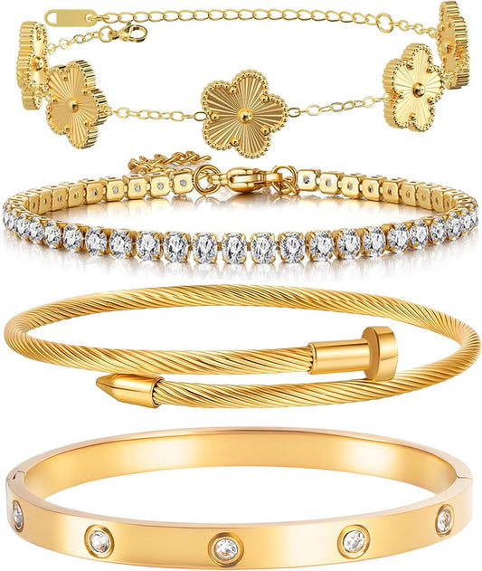 Lamdo 18K Gold Plated Womens Stackable Floral Gold Clover Bracelets Set Love Bangle Bracelets Non Tarnish