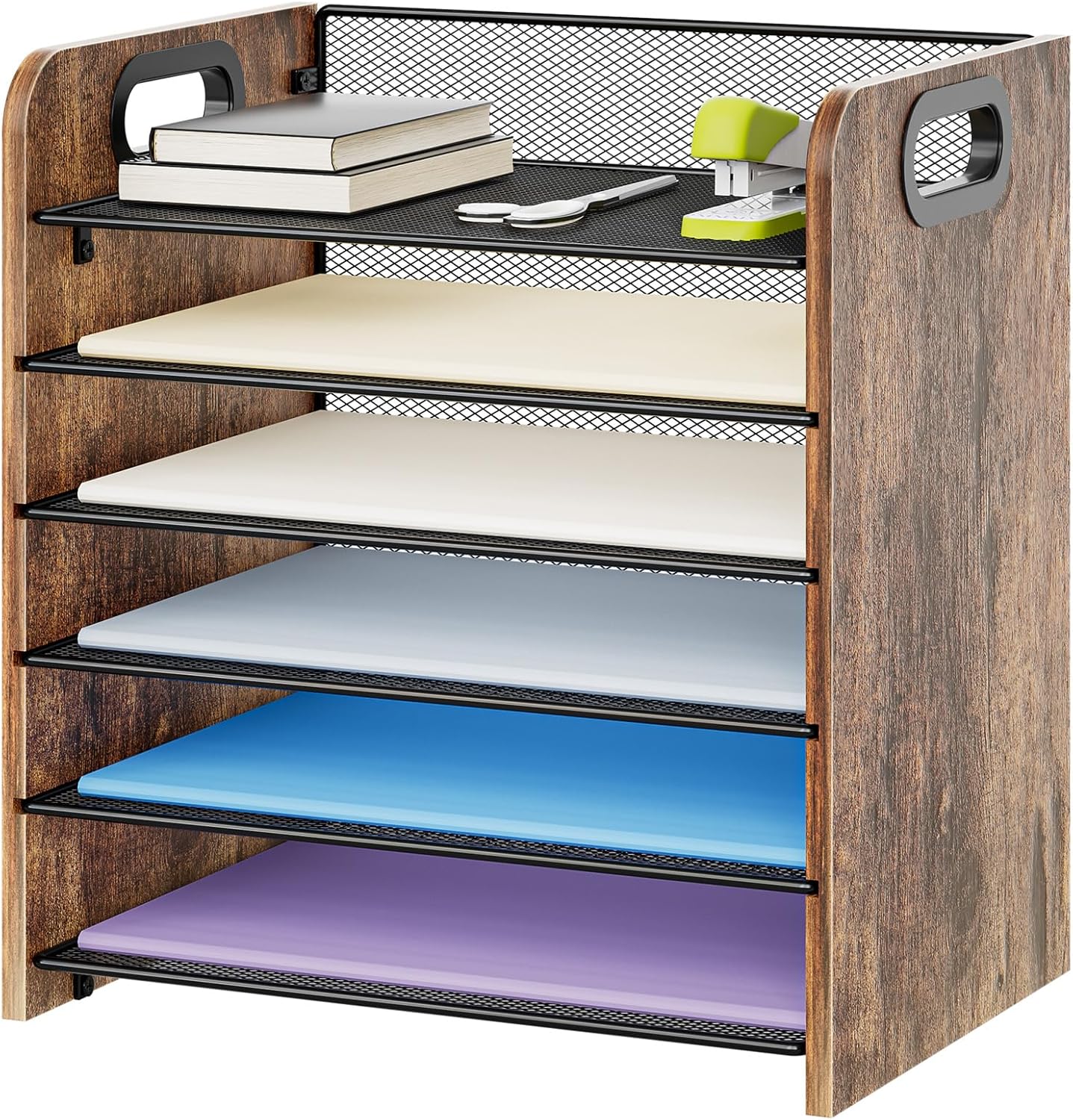 6 Tier Paper Organizer Letter Tray - Mesh Desk File Organizer with Handle