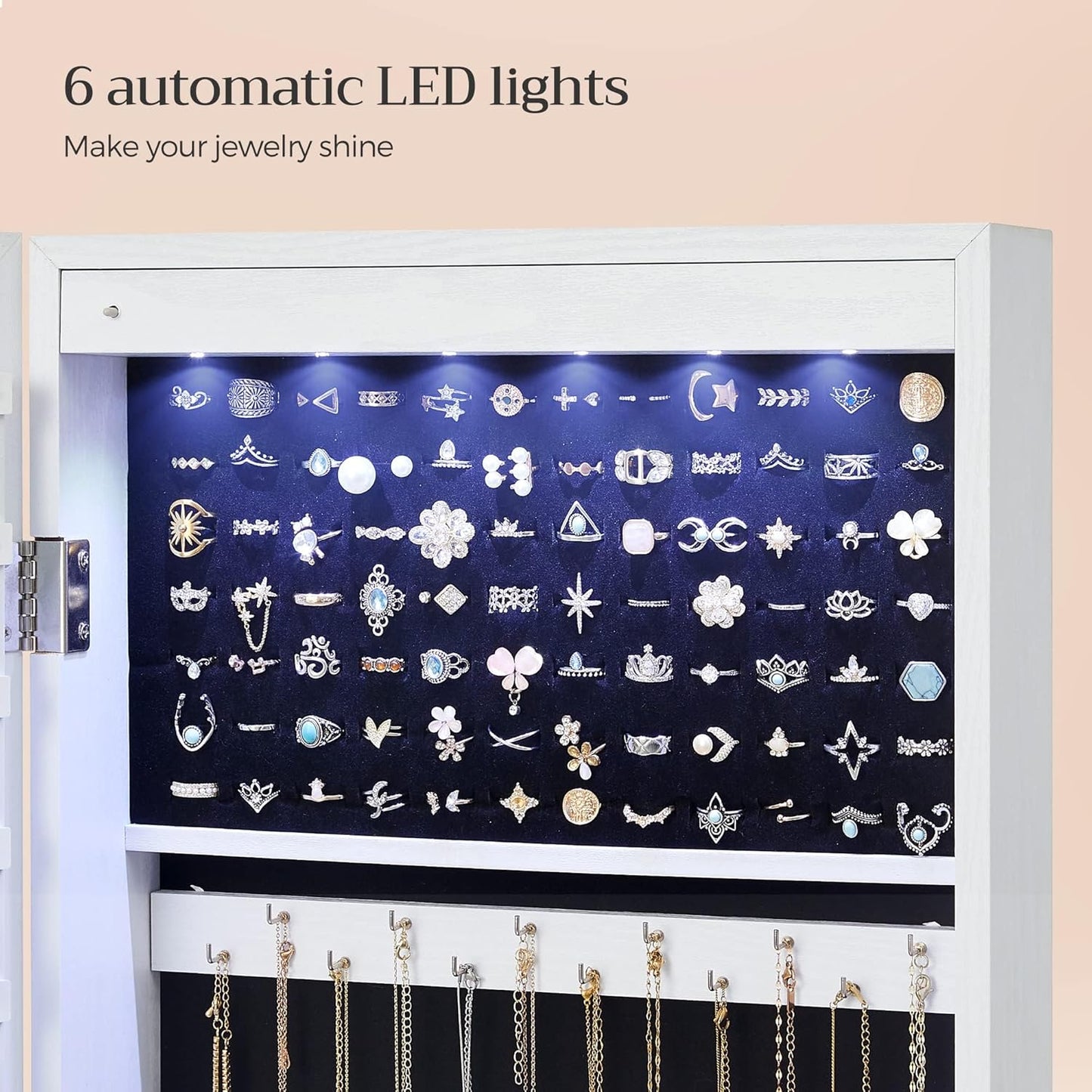 6 LEDs Mirror Jewelry Cabinet, Tall Lockable Wall or Door Mounted Jewelry Armoire Organizer