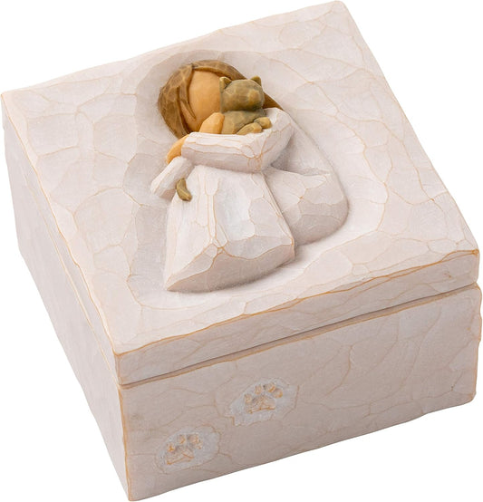 Box for Jewelry and Treasures with Bas-Relief Carving of Girl with Puppy Dog, Sculpted Hand-Painted Keepsake Box