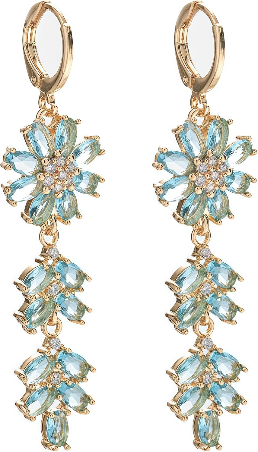 Vuskdtei18K Gold Plated Flower Dangle Earrings for Women, Hypoallergenic Cubic Zirconia Earrings, Elegant Chandelier Drop Earrings