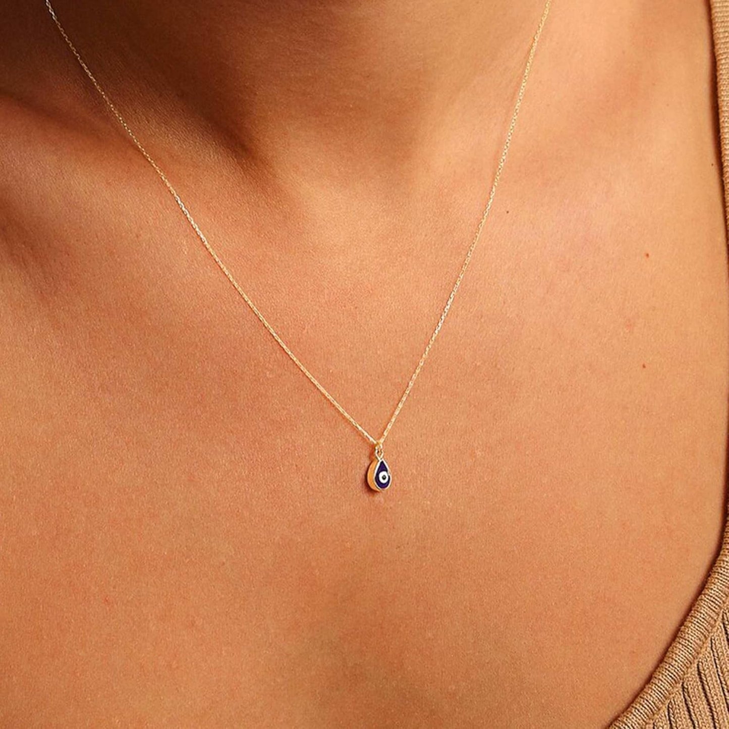 Evil Eye Necklace: 14K Gold Plated Blue CZ Diamond Boho Pendant for Women, Protection Gift