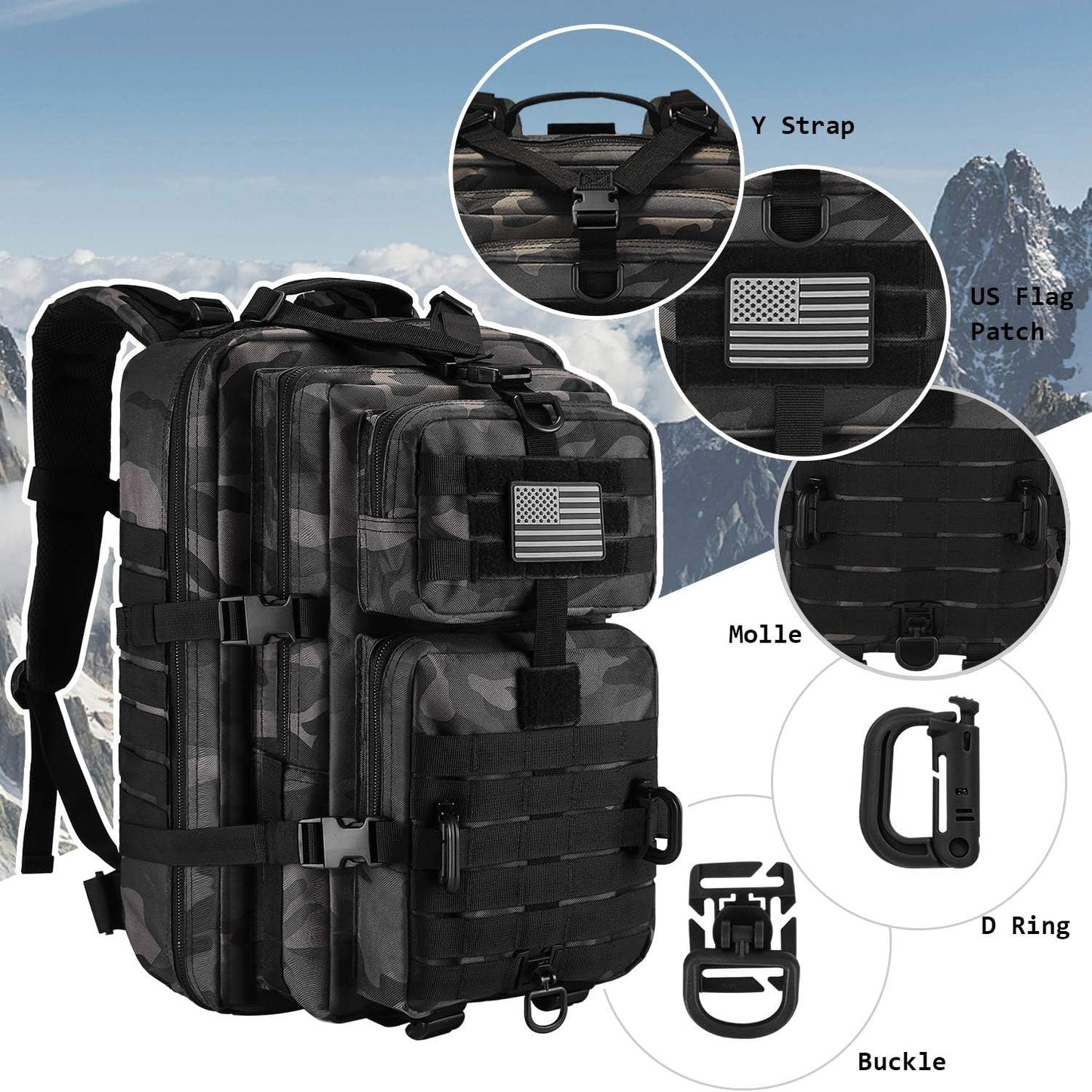 MOLLE Assault Pack, Tactical Backpack Military Army Camping Rucksack, 3-Day Pack Trip, D-Rings
