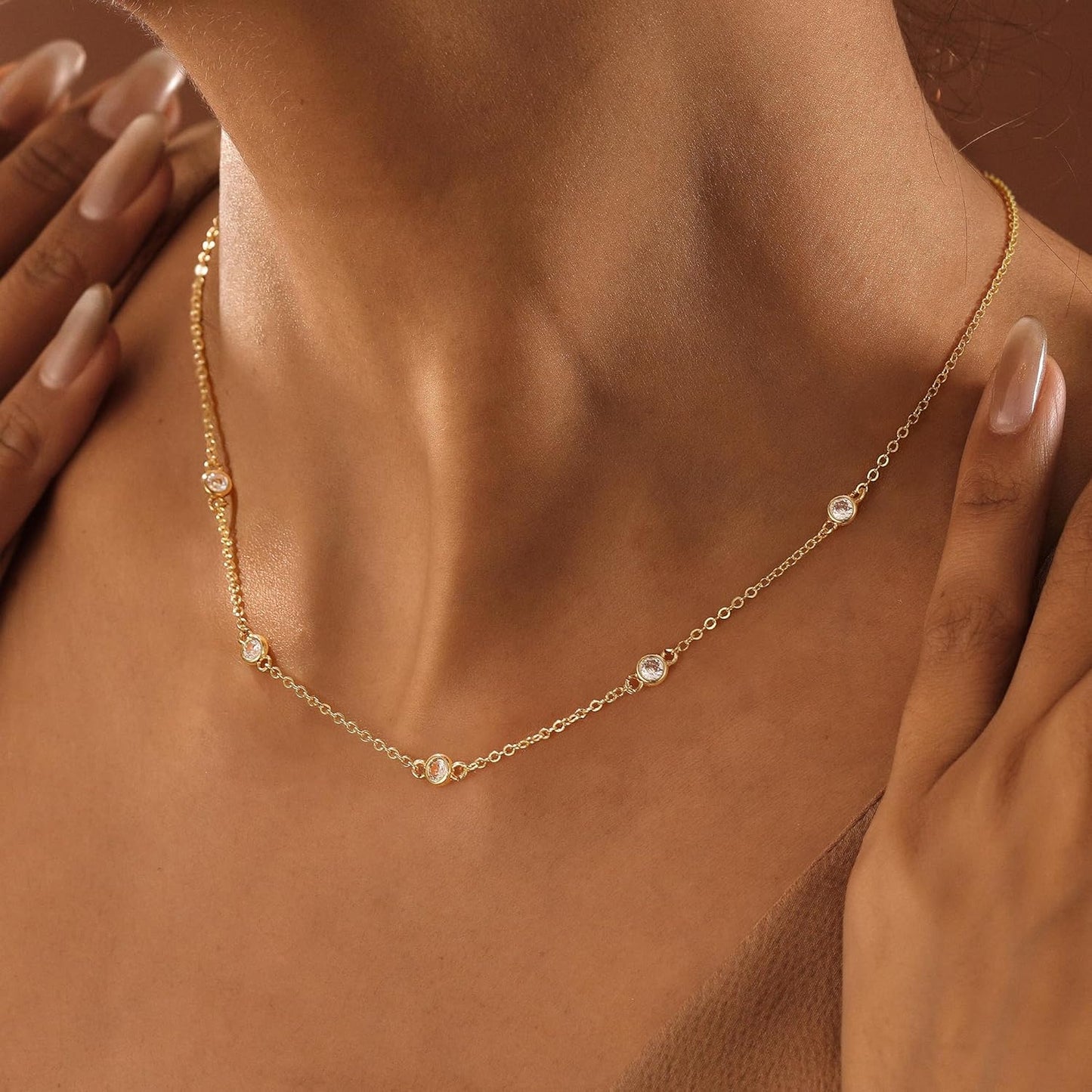 14K Gold Plated Charm Choker Necklace with Pearl & Clover, Cubic Zirconia Dainty Trendy Jewelry Gift for Women