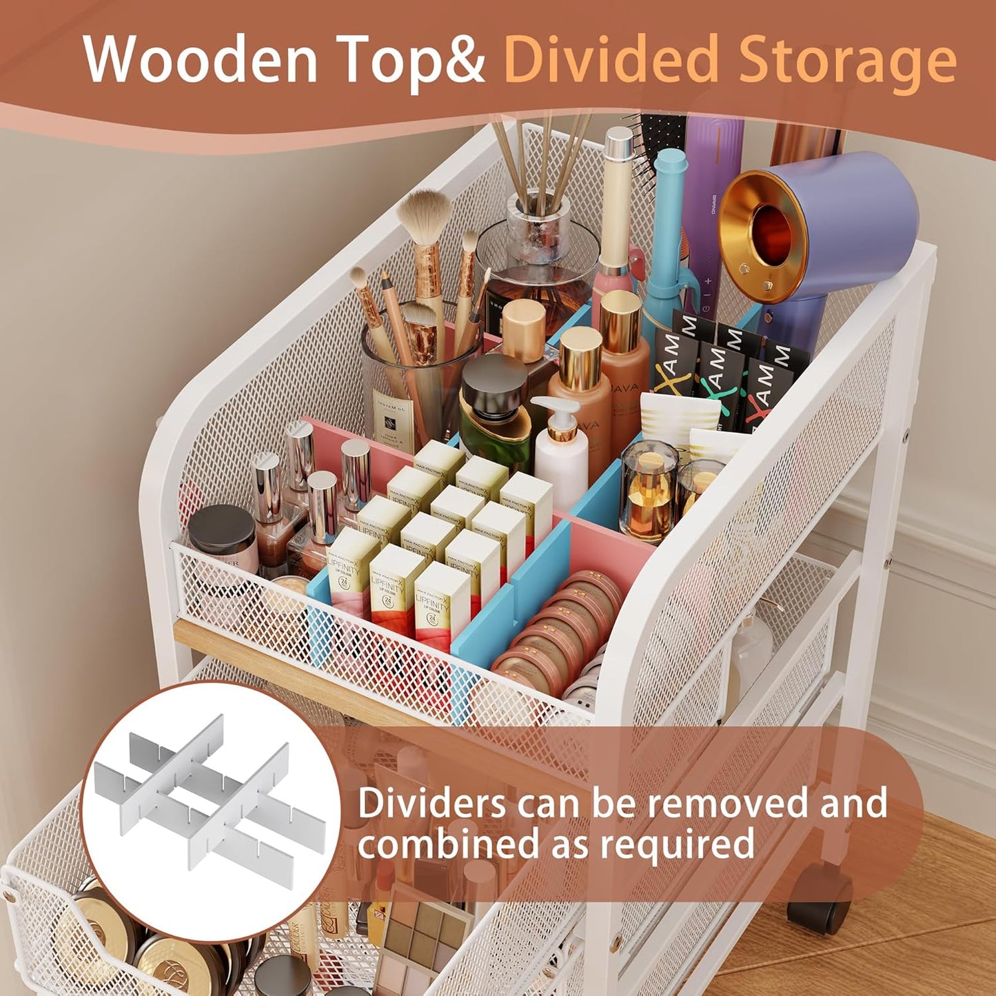 Rolling Makeup Cart Organizer with 3 Drawers, 4-Tier Narrow Floor Skincare Organizers with dividersr
