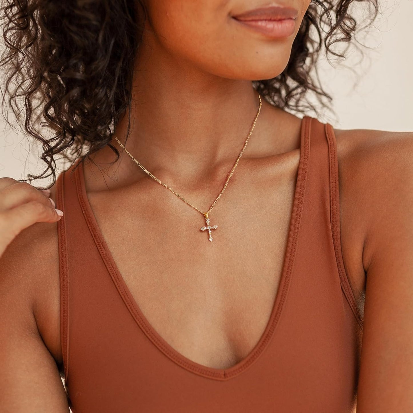 CROSS NECKLACE FOR WOMEN - 14K GOLD PLATED DOUBLE CROSS PENDANT, DAINTY SMALL CROSS CHARM, TRENDY SIMPLE GOLD CHOKER JEWELRY"