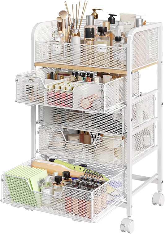 Makeup Cart Organizer with 4 Drawers, Large Floor Skincare Organizers, Vanity Storage