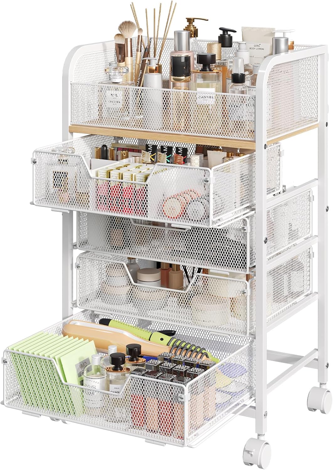Makeup Cart Organizer with 4 Drawers, Large Floor Skincare Organizers, Vanity Storage