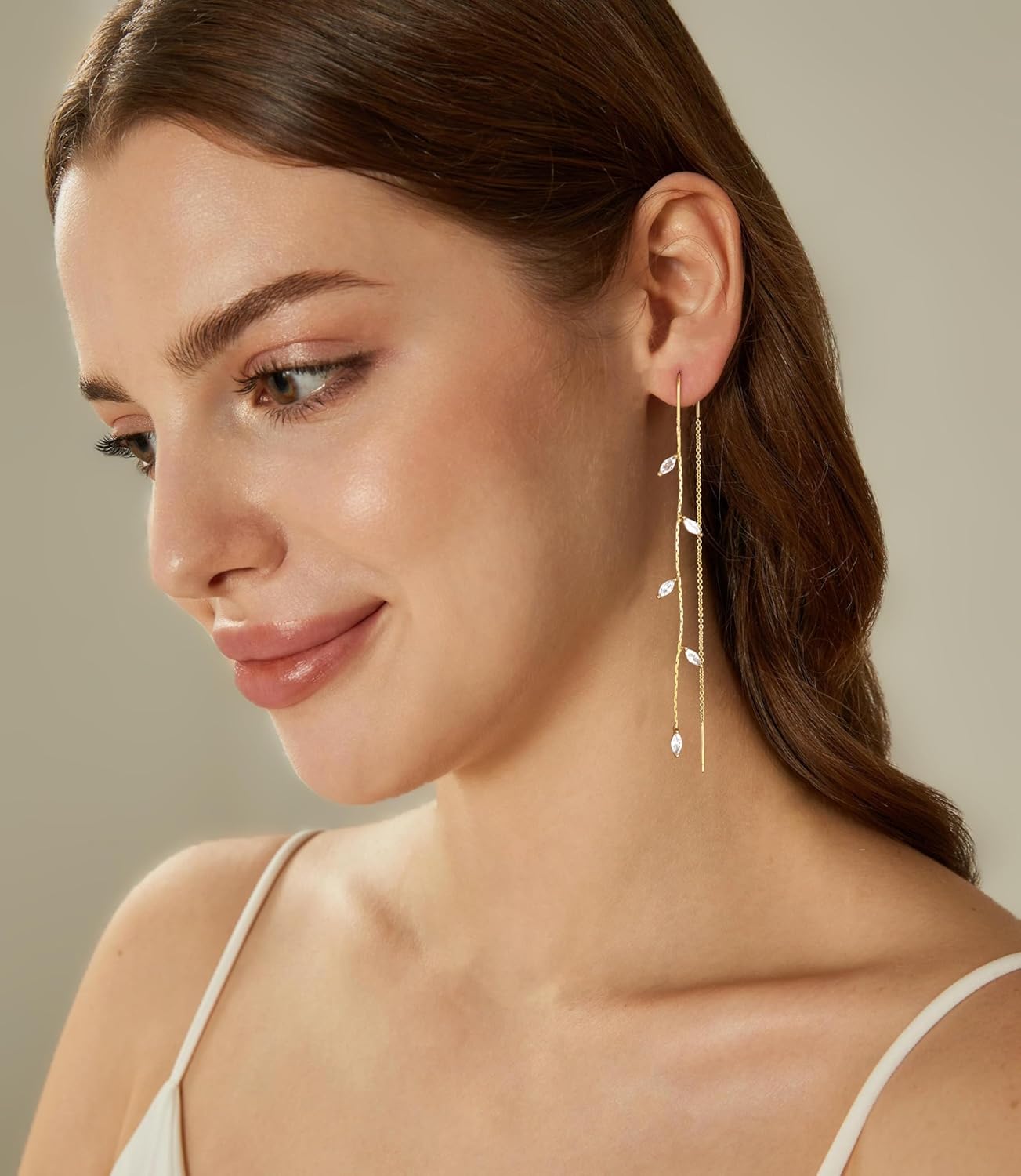 Dangle Threader Earrings for Women: Dainty 14k Gold Plated Drop Long Chain Earrings Trendy  Non Tarnish Elegant Cubic