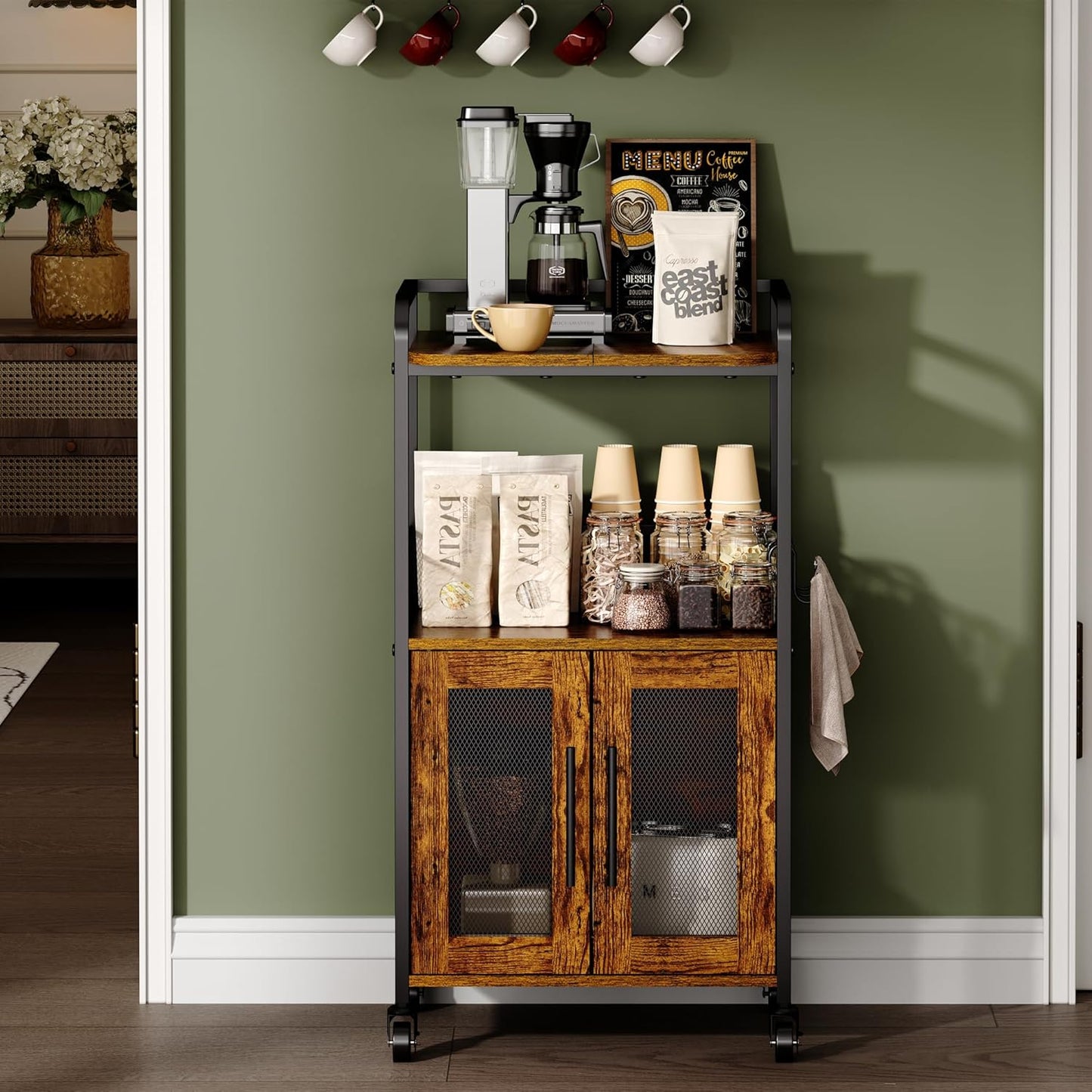 3-Tier Rolling Coffee Bar Table, Farmhouse Coffee Cart Station with 2 Doors for Living Room, Dining Room