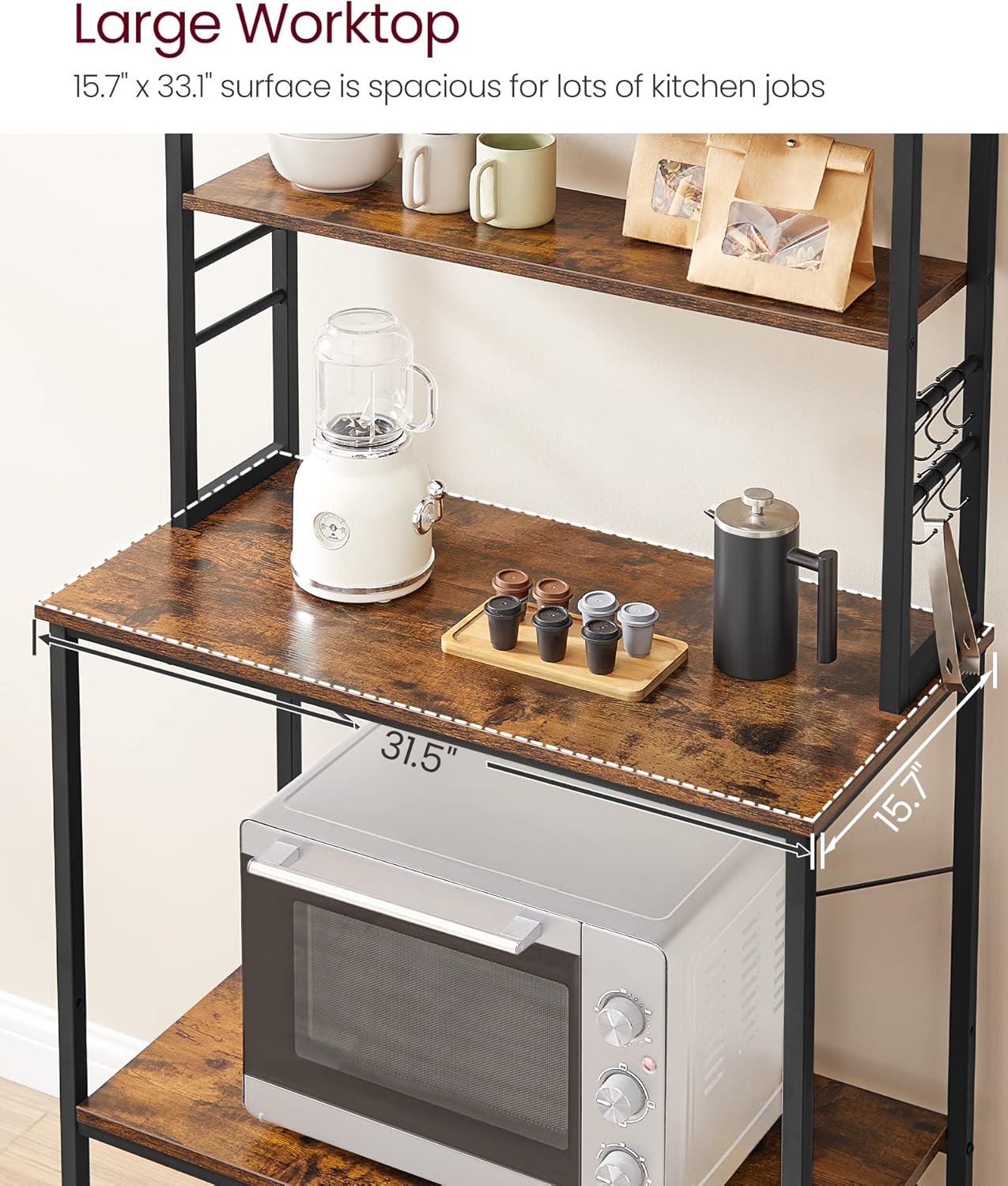 Coffee Bar, 31.5 Inches Baker's Rack for Kitchen with Storage, 6-Tier Kitchen Shelves with 6 Hooks, Microwave Stand
