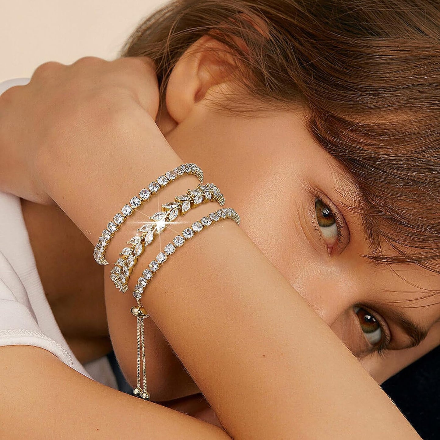 3 Pcs Tennis Bracelet Set 14K Gold Plated Marquise Cubic Zirconia CZ Diamond Dainty Adjustable Silver Bracelets for