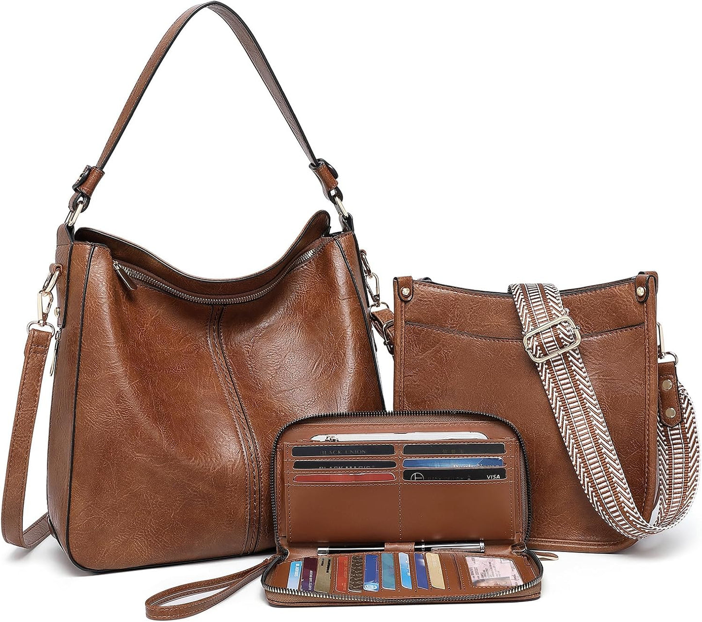 3PCS Crossbody Bags Set Large Leather Purse Shoulder Handbags with Wallet Adjustable Straps