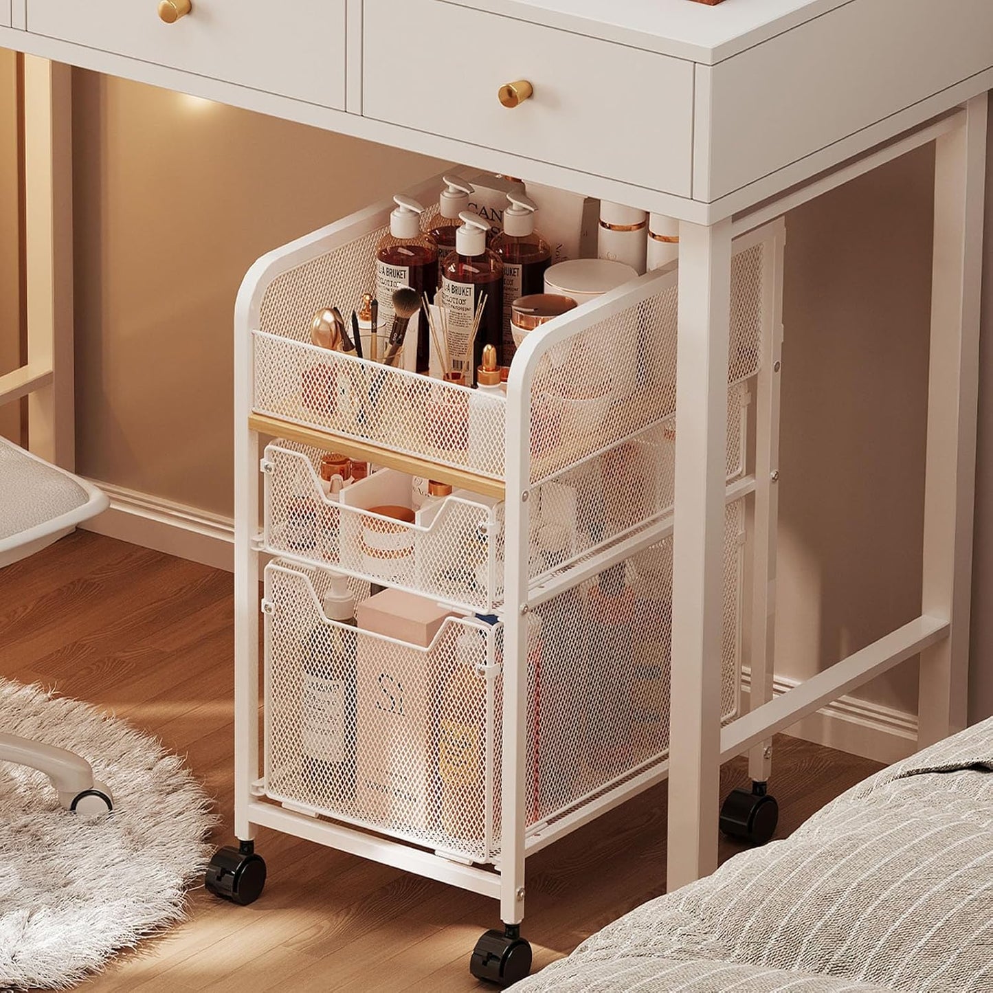 Rolling Makeup Cart Organizer with 2 Drawers, Narrow Floor Skincare Organizers, Vanity Organizer