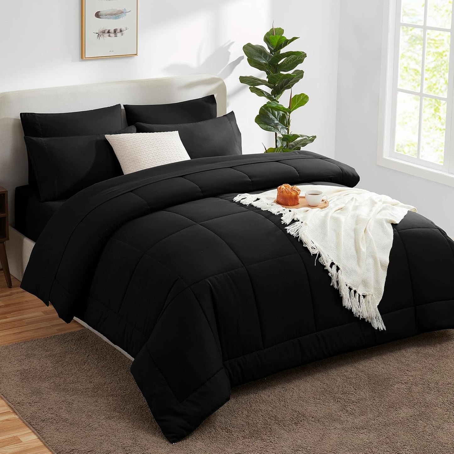Queen Comforter Set Black, 7 count Bed in a Bag, All Season Bedding Sets