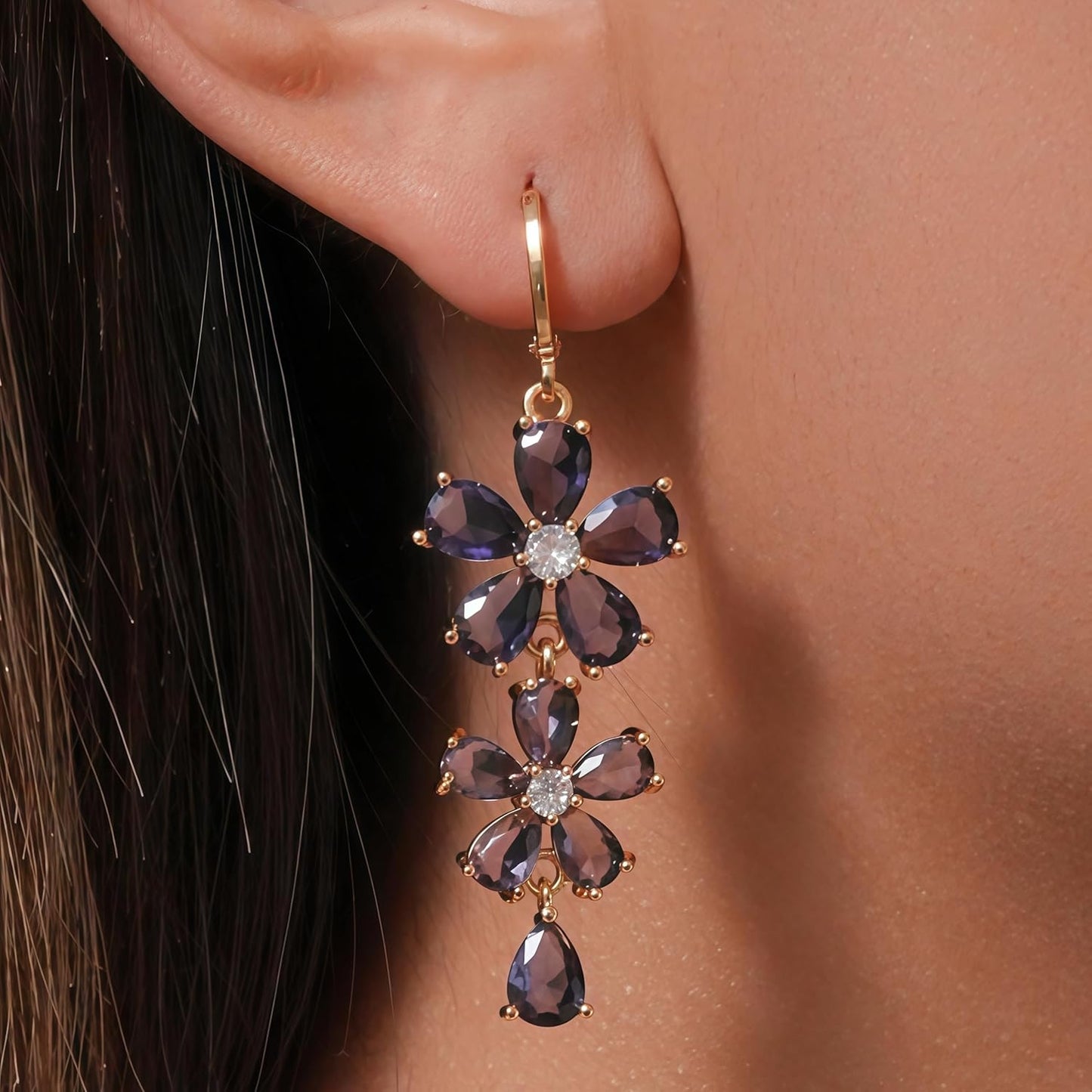 Vuskdtei18K Gold Plated Flower Dangle Earrings for Women, Hypoallergenic Cubic Zirconia Earrings, Elegant Chandelier Drop Earrings