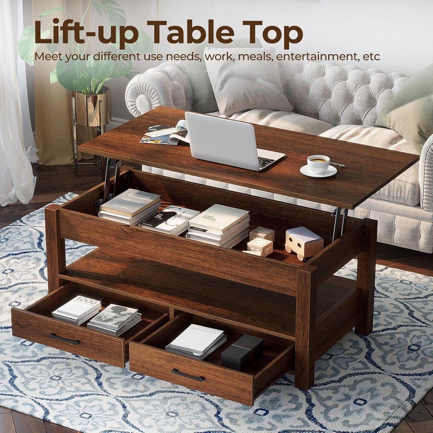 Living Lift Top Coffee Table with Drawers and Hidden Compartment, Retro Central Table with Wooden Lift Tabletop