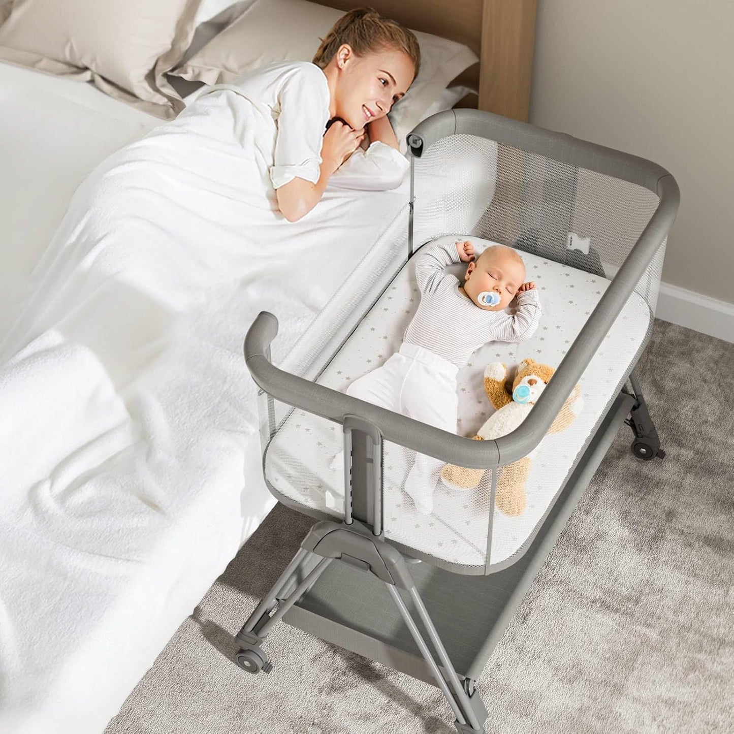 Bassinet Bedside Sleeper with Wheels and Storage Tray,4-Sided Mesh  Easy Folding Bedside Crib