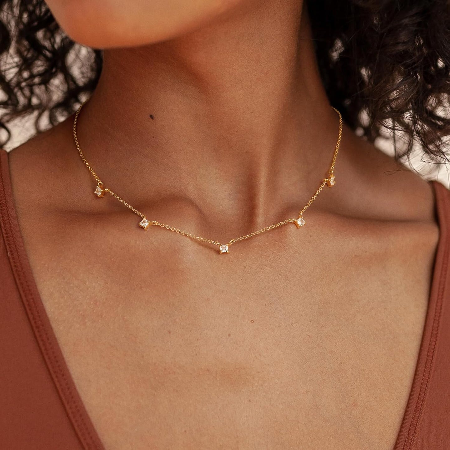 14K Gold Plated Charm Choker Necklace with Pearl & Clover, Cubic Zirconia Dainty Trendy Jewelry Gift for Women