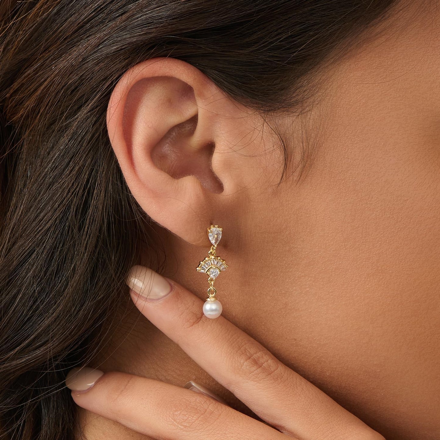 Pearl Earrings: 14k Gold-plated Cubic Zirconia Accented Pearl Drop Dangle Wedding Engagement Earrings For Women Bridal Bridesmaid