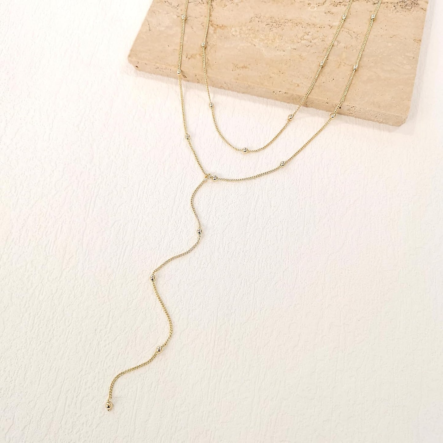 "Dainty Y-Shaped Lariat Necklace For Women, 14K Gold Plated/Silver Layered Beaded Chain Drop Necklace, Trendy Simple Gold Jewelry Gift"