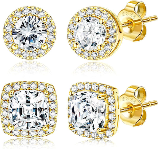 Hayoso 18K Gold Plated Halo Stud Earrings 925 Sterling Silver Cubic Zirconia Stud Earrings Round Square Diamonique Stud