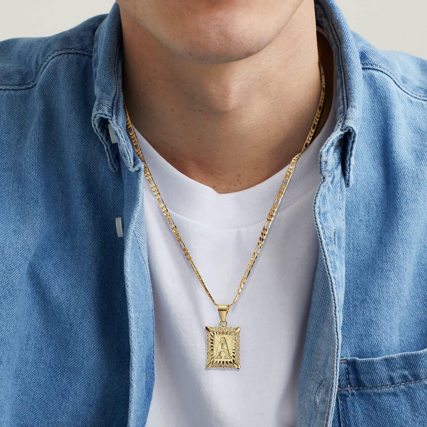 Custom Initial Necklace - 14K Gold Plated Monogram Pendant on Figaro Chain for Women & Men