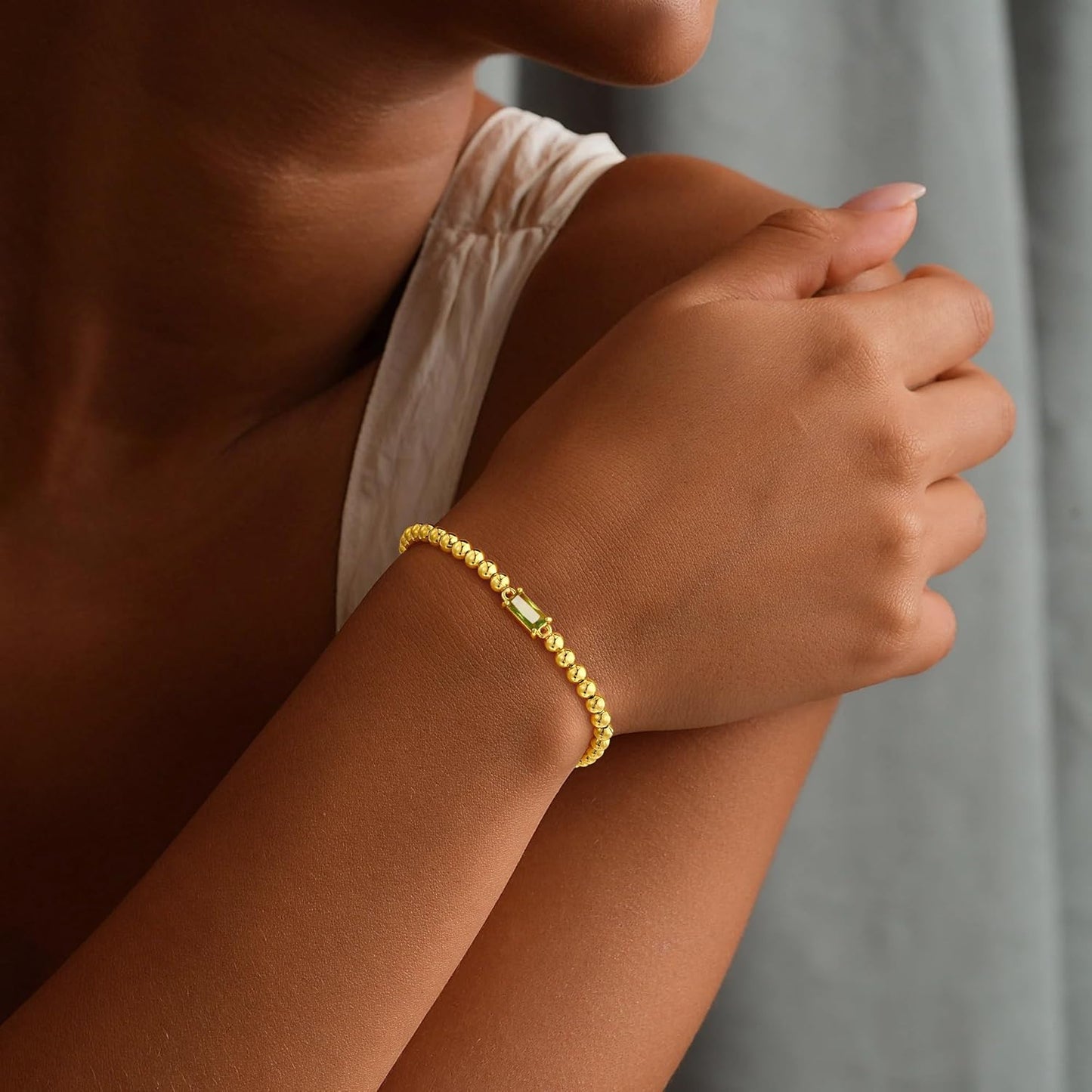 Dainty Birthstone Bracelet for Women - Elastic 14K Gold Plated Bead Bracelets Trendy Friendship Birthday Jewelry Gifts for Women