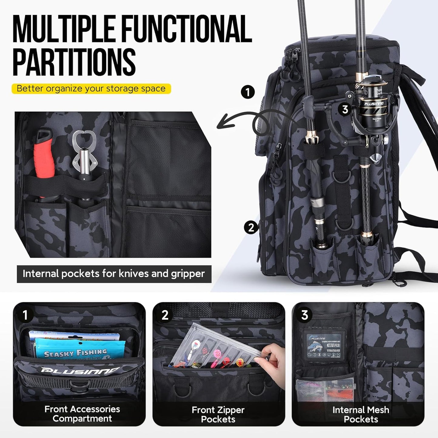 Fishing Backpack with Rod Holders Tackle Box, 42L Large Water-resistant Fishing Tackle Bag Store Fishing Gear