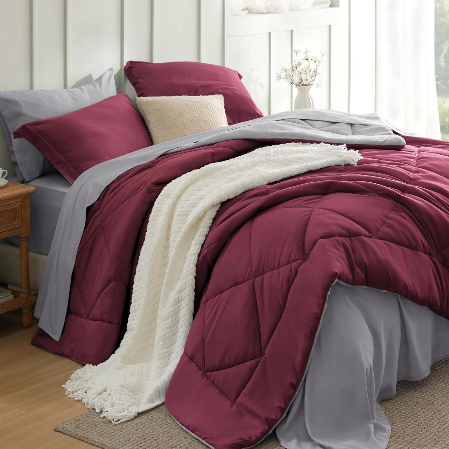 Queen Comforter Set - 7 count Reversible Grey Bedding, Queen Size Bed Set for All Seasonsz