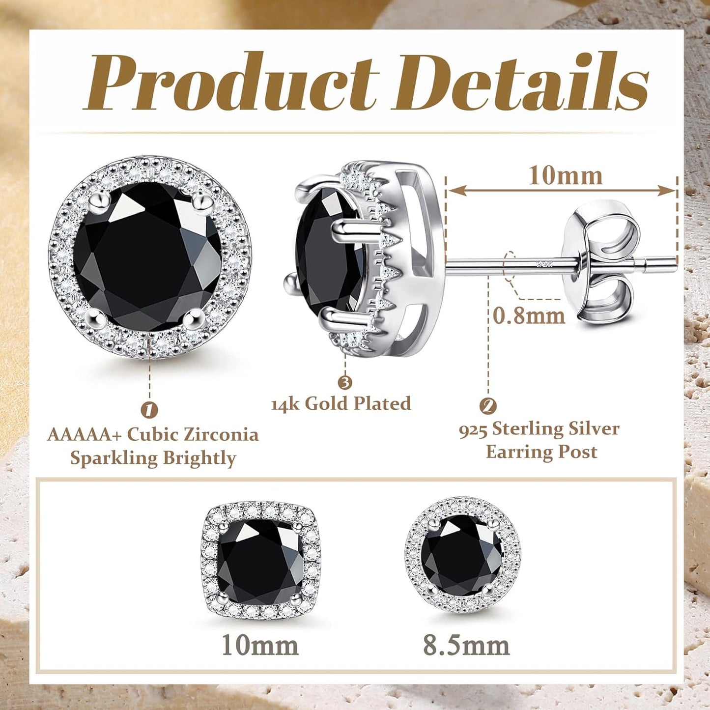 Hayoso 18K Gold Plated Halo Stud Earrings 925 Sterling Silver Cubic Zirconia Stud Earrings Round Square Diamonique Stud